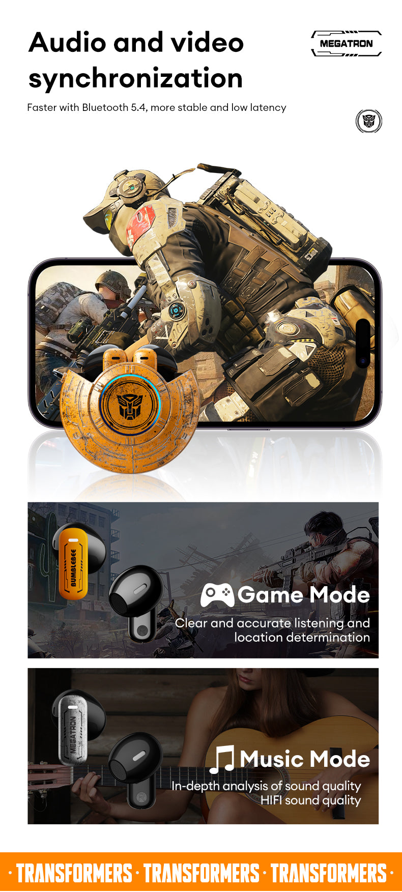 Transformers TF-T31 Bluetooth TWS Wireless Earbuds with Mechanical Shell Design Passive Noise Cancelling In-Ear Cool HiFi HD Calling Music Game Modes Low Latency Sports Earphones