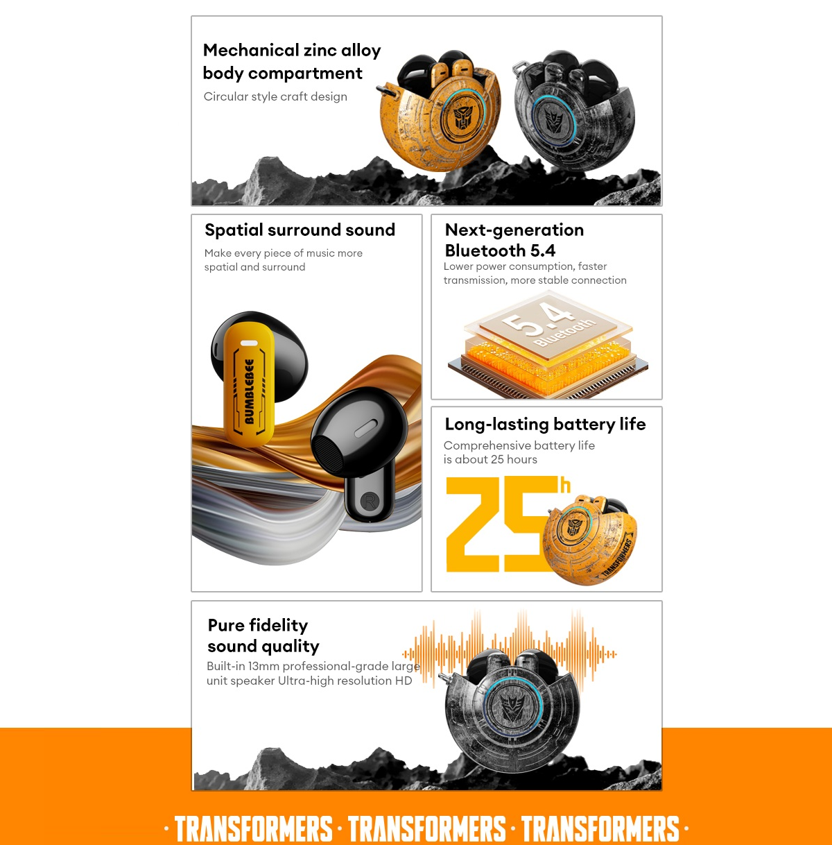 Transformers TF-T31 Bluetooth TWS Wireless Earbuds with Mechanical Shell Design Passive Noise Cancelling In-Ear Cool HiFi HD Calling Music Game Modes Low Latency Sports Earphones