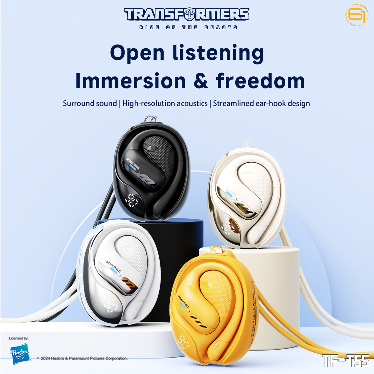 Transformers TF-T55 Open-Back Bluetooth Wireless Earbuds, Sleek Wing-Like Design Passive Noise Cancelling In-Ear Cool HiFi Calling Dual Modes Sports Earphones LED Display