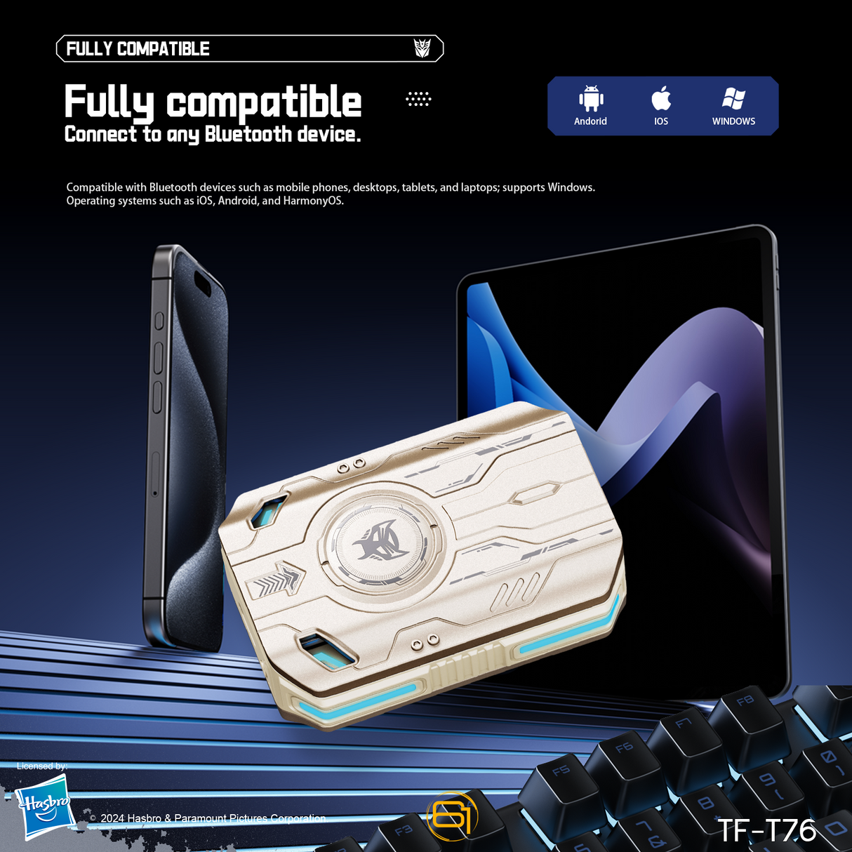 Transformers TF-T76 True Wireless Bluetooth 6.0 Earbuds with Mic, Mecha Zinc Alloy Armor Case, Low-Latency Game/Music Modes, Hi-Fi 13mm Drivers, HD Calling, 40H Total Playtime