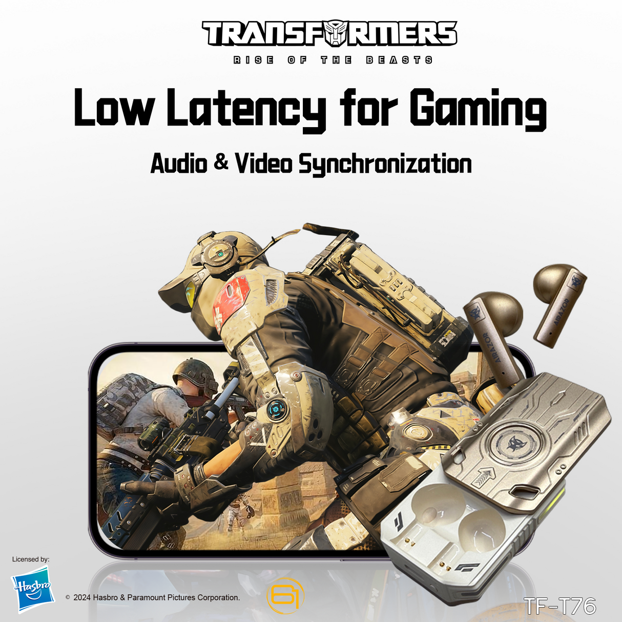 Transformers TF-T76 True Wireless Bluetooth 6.0 Earbuds with Mic, Mecha Zinc Alloy Armor Case, Low-Latency Game/Music Modes, Hi-Fi 13mm Drivers, HD Calling, 40H Total Playtime