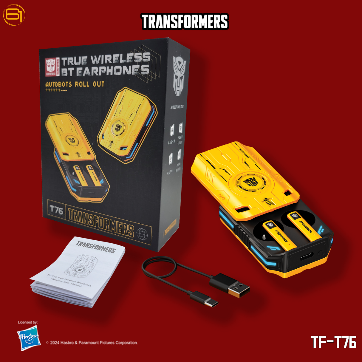 Transformers TF-T76 True Wireless Bluetooth 6.0 Earbuds with Mic, Mecha Zinc Alloy Armor Case, Low-Latency Game/Music Modes, Hi-Fi 13mm Drivers, HD Calling, 40H Total Playtime