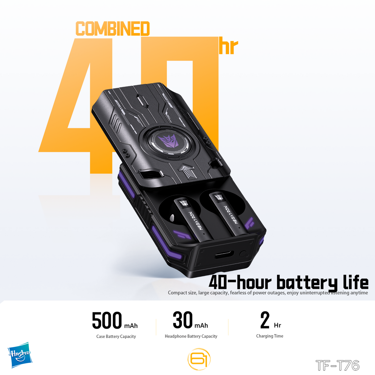 Transformers TF-T76 True Wireless Bluetooth 6.0 Earbuds with Mic, Mecha Zinc Alloy Armor Case, Low-Latency Game/Music Modes, Hi-Fi 13mm Drivers, HD Calling, 40H Total Playtime