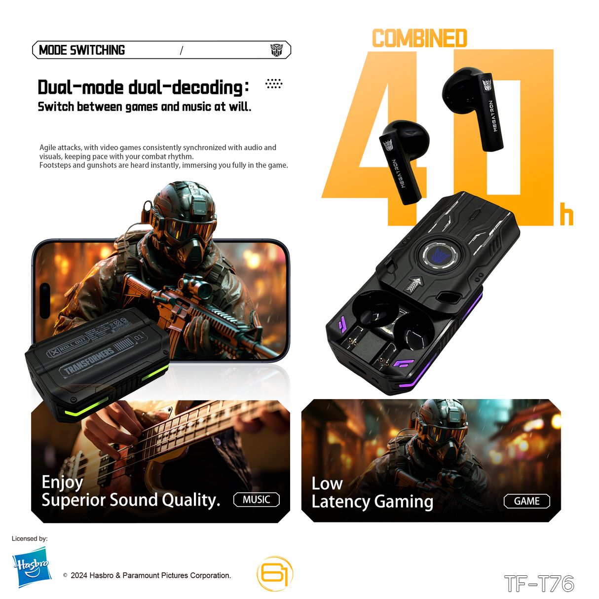 Transformers TF-T76 True Wireless Bluetooth 6.0 Earbuds with Mic, Mecha Zinc Alloy Armor Case, Low-Latency Game/Music Modes, Hi-Fi 13mm Drivers, HD Calling, 40H Total Playtime