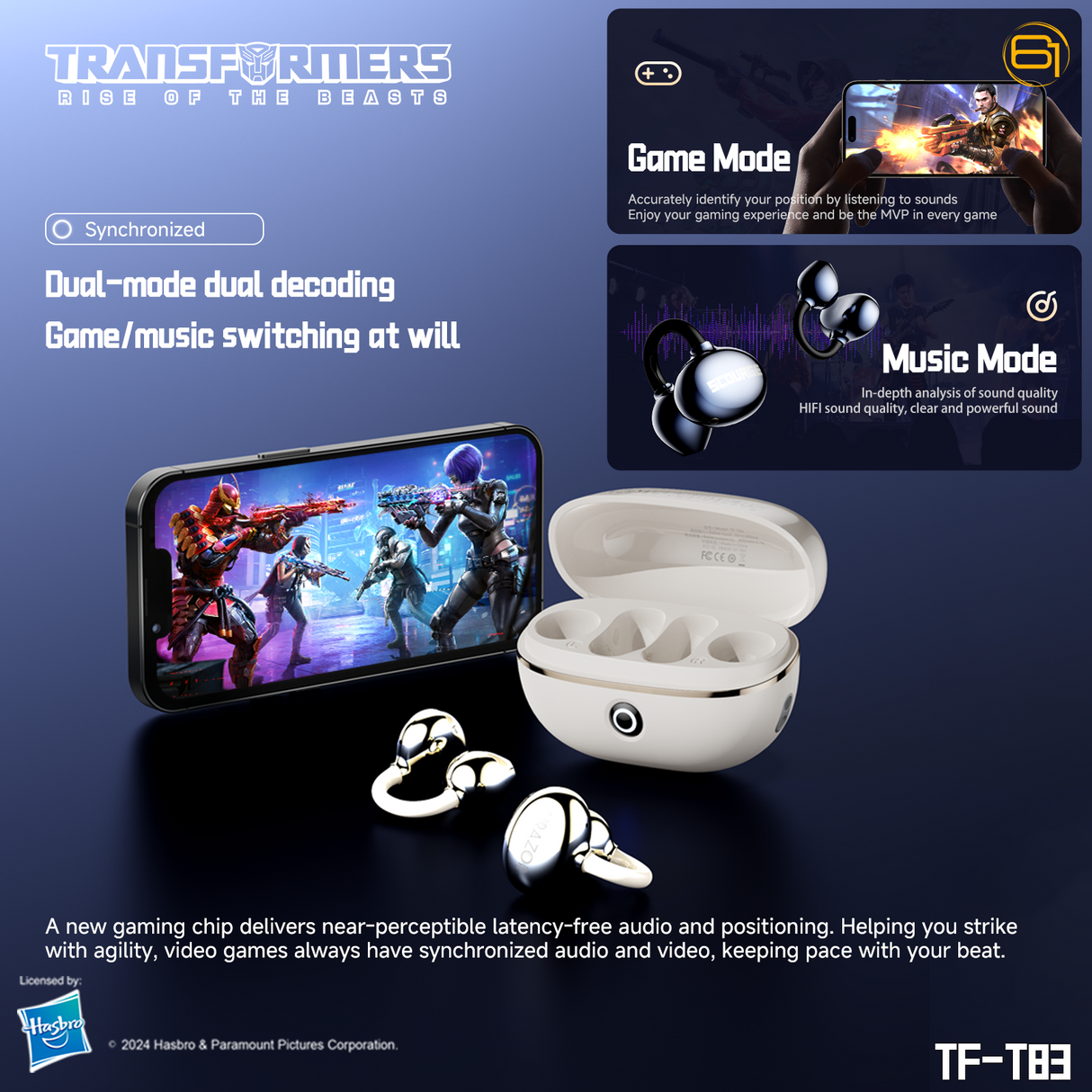 Transformers TF-T83 Clip-on Bluetooth 5.4 Wireless Earbuds, with Microphone for HD Voice Calls In-Ear Cool HiFi Calling Dual Modes Sports IPX5 Waterproof Long Endurance Earphones