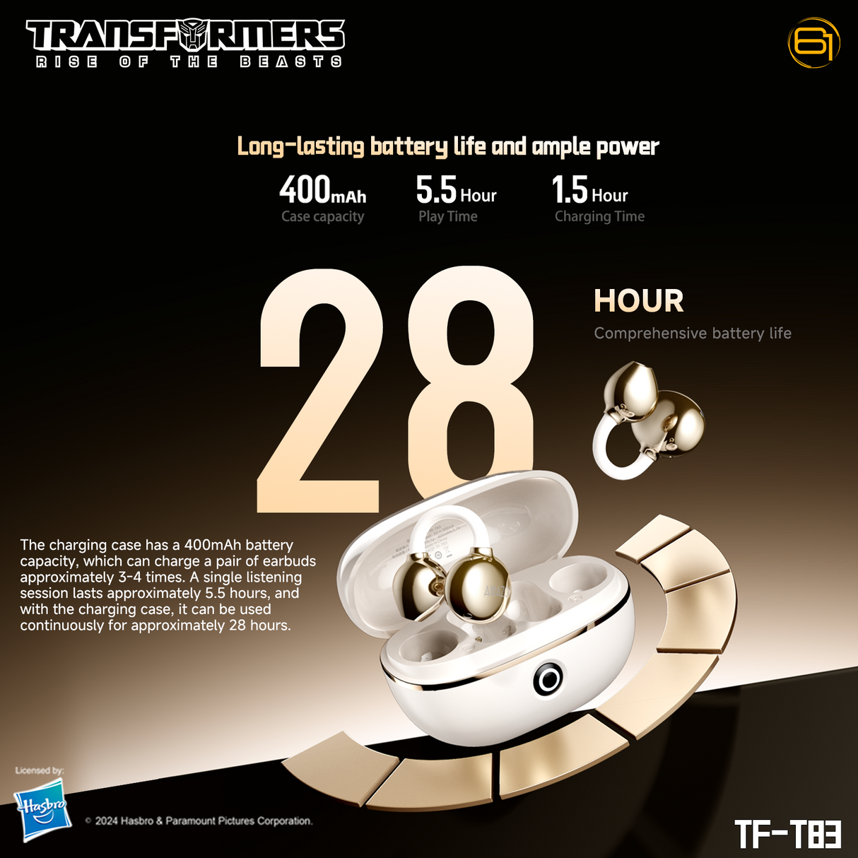 Transformers TF-T83 Clip-on Bluetooth 5.4 Wireless Earbuds, with Microphone for HD Voice Calls In-Ear Cool HiFi Calling Dual Modes Sports IPX5 Waterproof Long Endurance Earphones