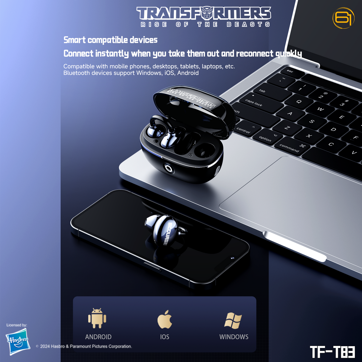 Transformers TF-T83 Clip-on Bluetooth 5.4 Wireless Earbuds, with Microphone for HD Voice Calls In-Ear Cool HiFi Calling Dual Modes Sports IPX5 Waterproof Long Endurance Earphones