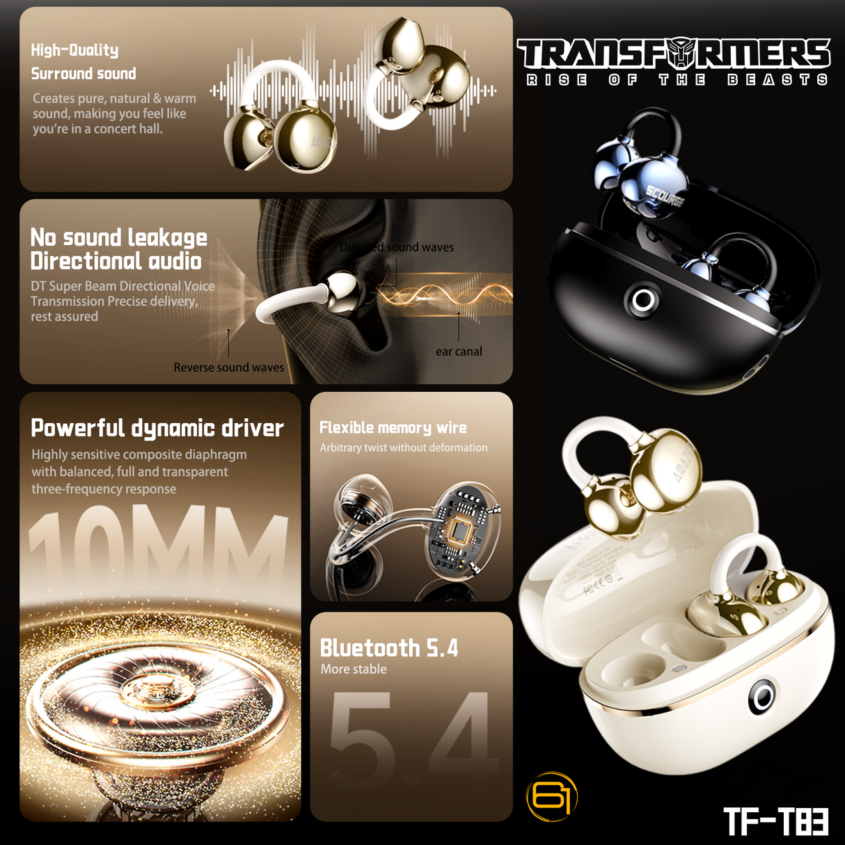 Transformers TF-T83 Clip-on Bluetooth 5.4 Wireless Earbuds, with Microphone for HD Voice Calls In-Ear Cool HiFi Calling Dual Modes Sports IPX5 Waterproof Long Endurance Earphones