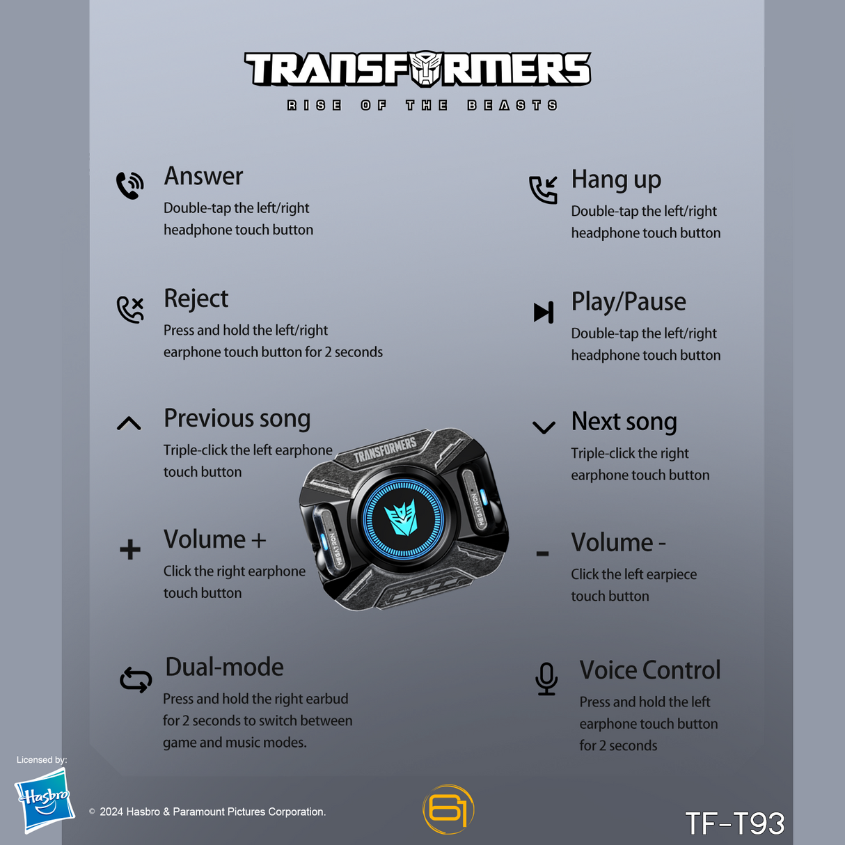 Transformers TF-T93 Ear-Clip True Wireless Bluetooth 6.0 Earbuds with Mic, Zinc Alloy Armor Case, Low Latency Game/Music Modes, Hi-Fi 12mm Drivers, Secure Fit Sports Earphones