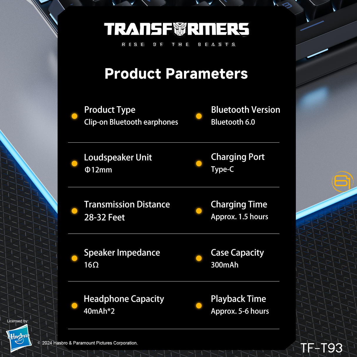 Transformers TF-T93 Ear-Clip True Wireless Bluetooth 6.0 Earbuds with Mic, Zinc Alloy Armor Case, Low Latency Game/Music Modes, Hi-Fi 12mm Drivers, Secure Fit Sports Earphones