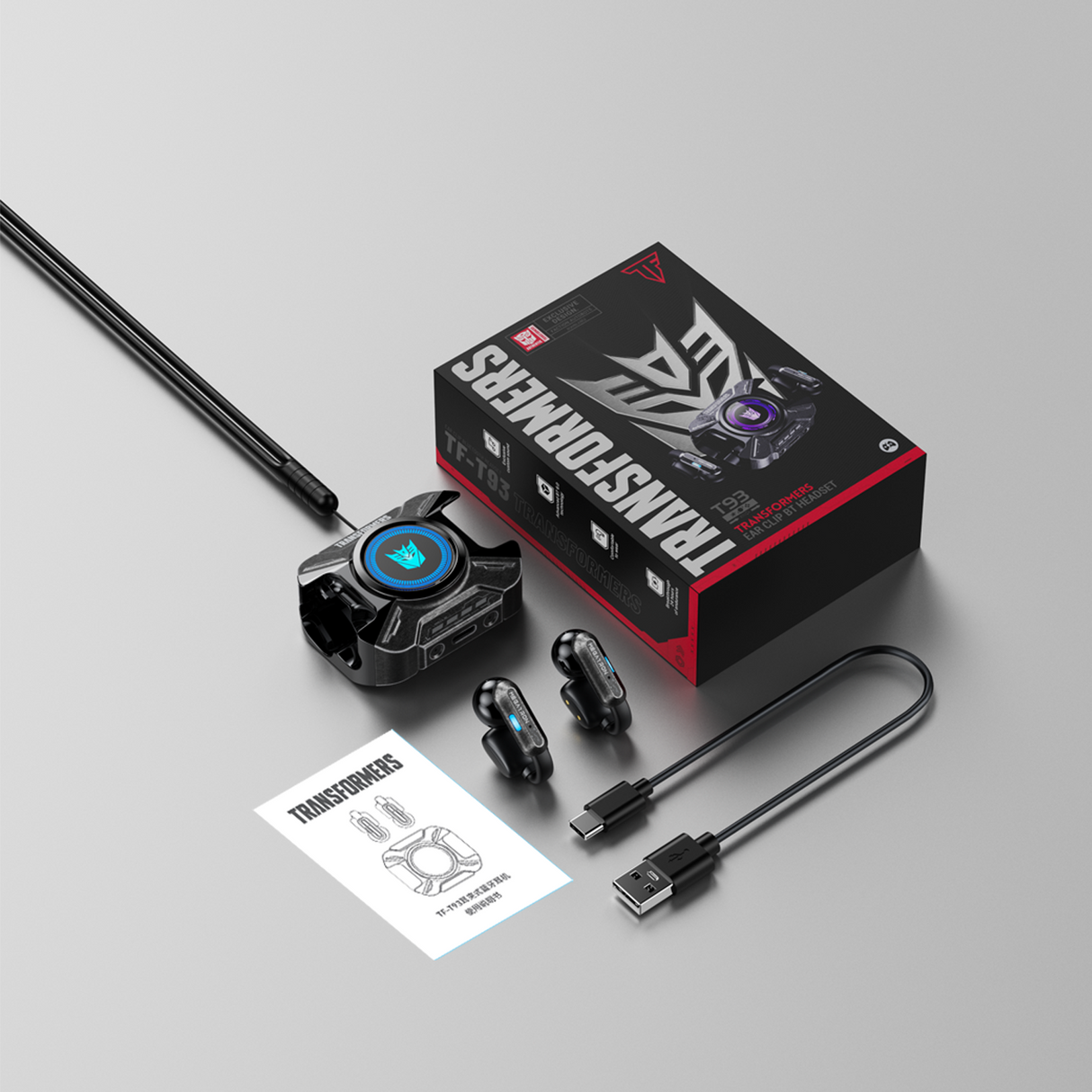 Transformers TF-T93 Ear-Clip True Wireless Bluetooth 6.0 Earbuds with Mic, Zinc Alloy Armor Case, Low Latency Game/Music Modes, Hi-Fi 12mm Drivers, Secure Fit Sports Earphones