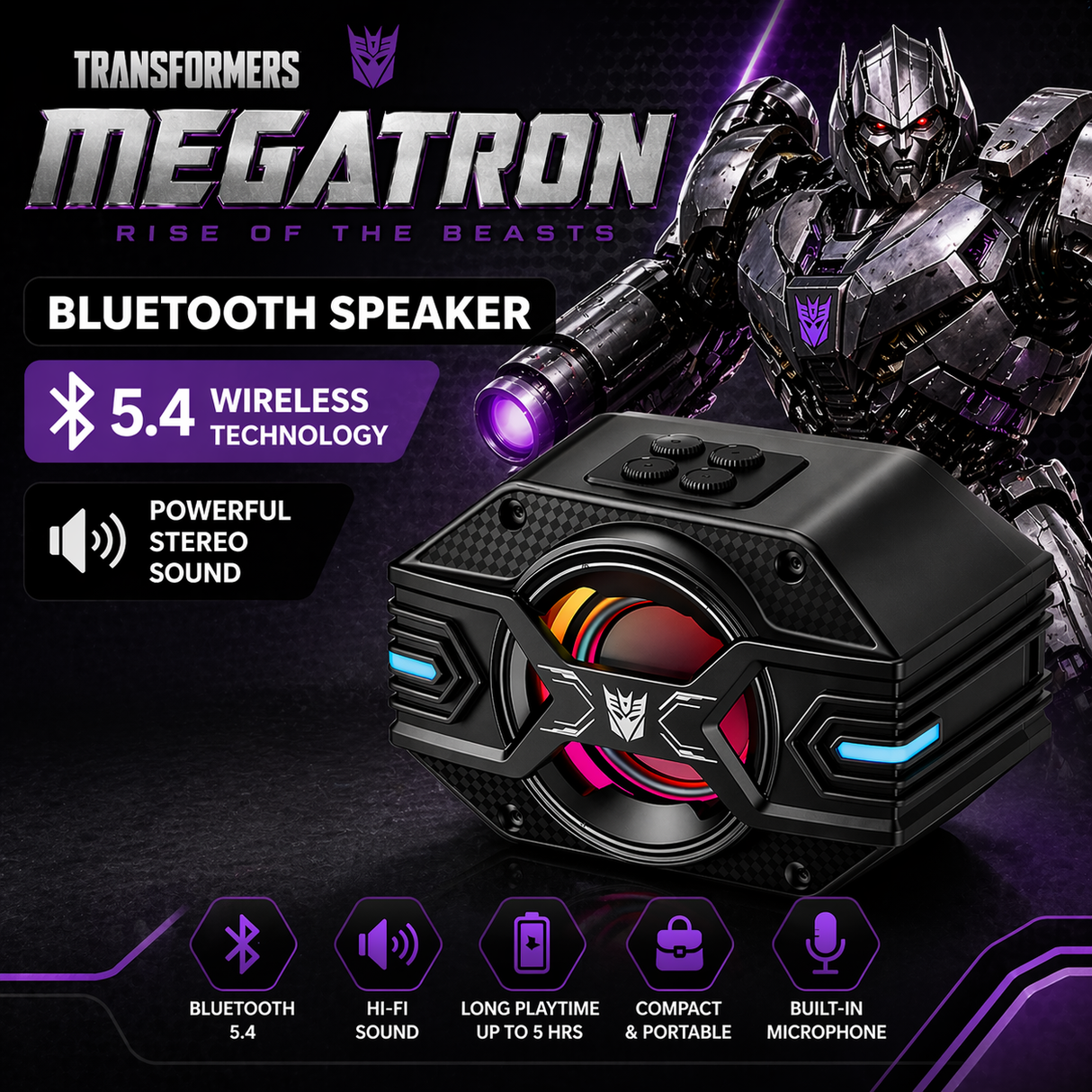 Transformers TF-Y03 CoreBlock Design Bluetooth TWS Speaker 5W Portable Wireless IPX5 Waterproof, 5H Playtime Deep Bass, Stereo Pairing, Built-in Mic, AUX/TF Card