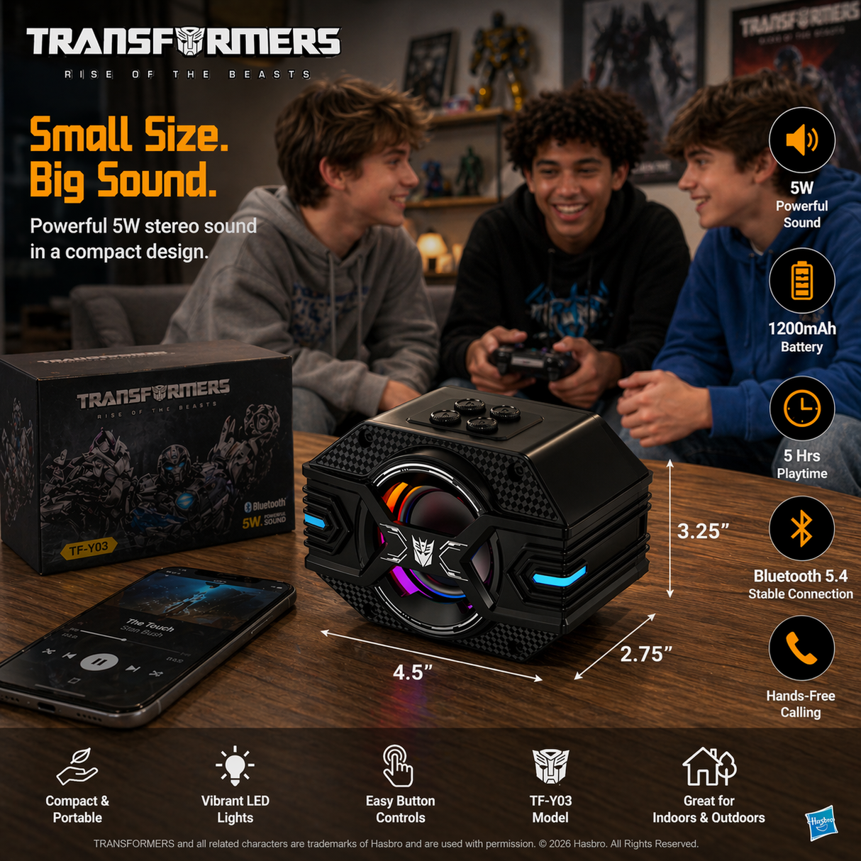 Transformers TF-Y03 CoreBlock Design Bluetooth TWS Speaker 5W Portable Wireless IPX5 Waterproof, 5H Playtime Deep Bass, Stereo Pairing, Built-in Mic, AUX/TF Card