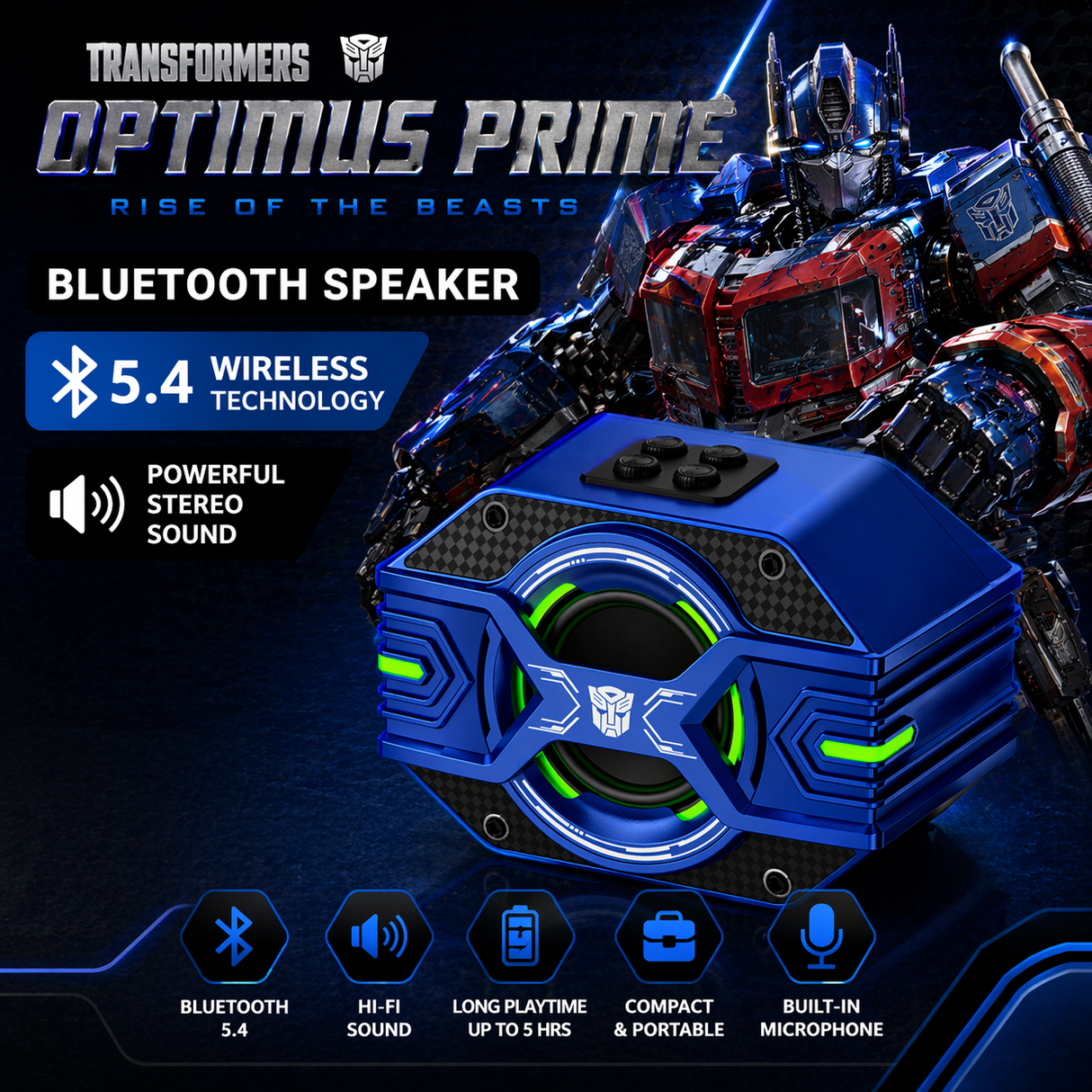 Transformers TF-Y03 CoreBlock Design Bluetooth TWS Speaker 5W Portable Wireless IPX5 Waterproof, 5H Playtime Deep Bass, Stereo Pairing, Built-in Mic, AUX/TF Card