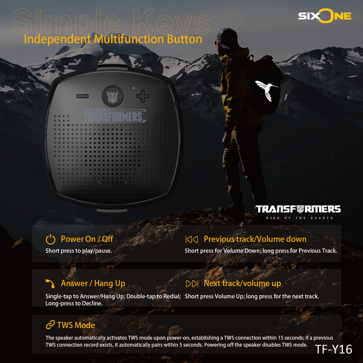 Transformers TF-Y16 FlexCube Design Bluetooth Speaker 45mm 4.3W Portable TWS Wireless Speaker IPX5 Waterproof, TWS Stereo Pairing, Built-in Mic