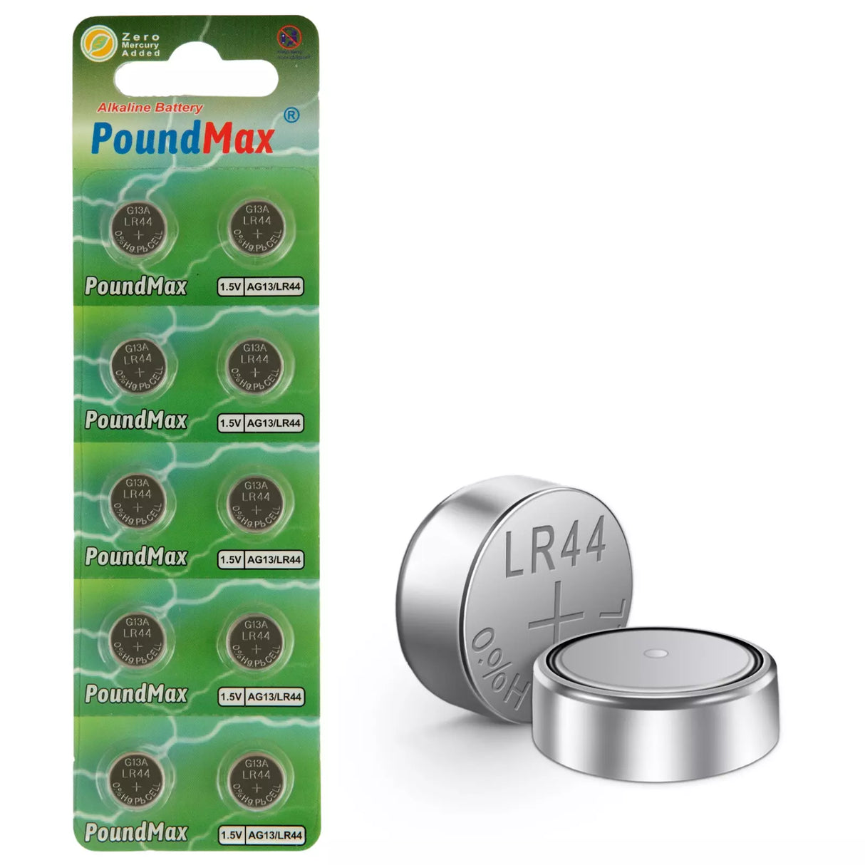 PoundMax AG13 LR44 Batteries 1.5v Alkaline Button Battery Combo Pack - 10 Count