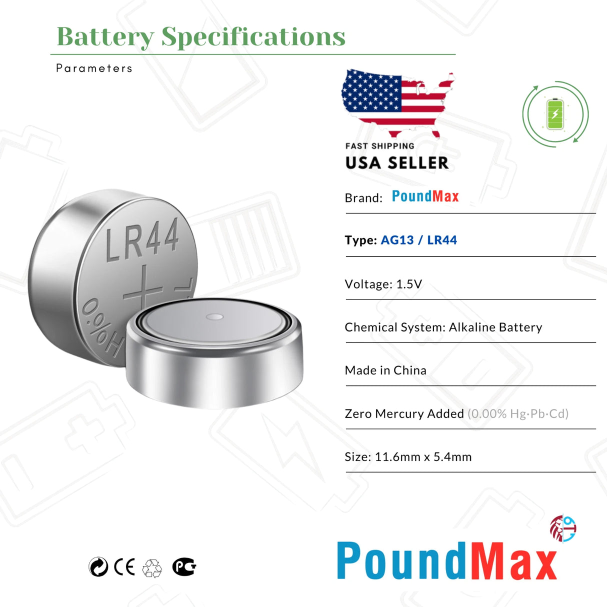 PoundMax AG13 LR44 Batteries 1.5v Alkaline Button Battery Combo Pack - 10 Count