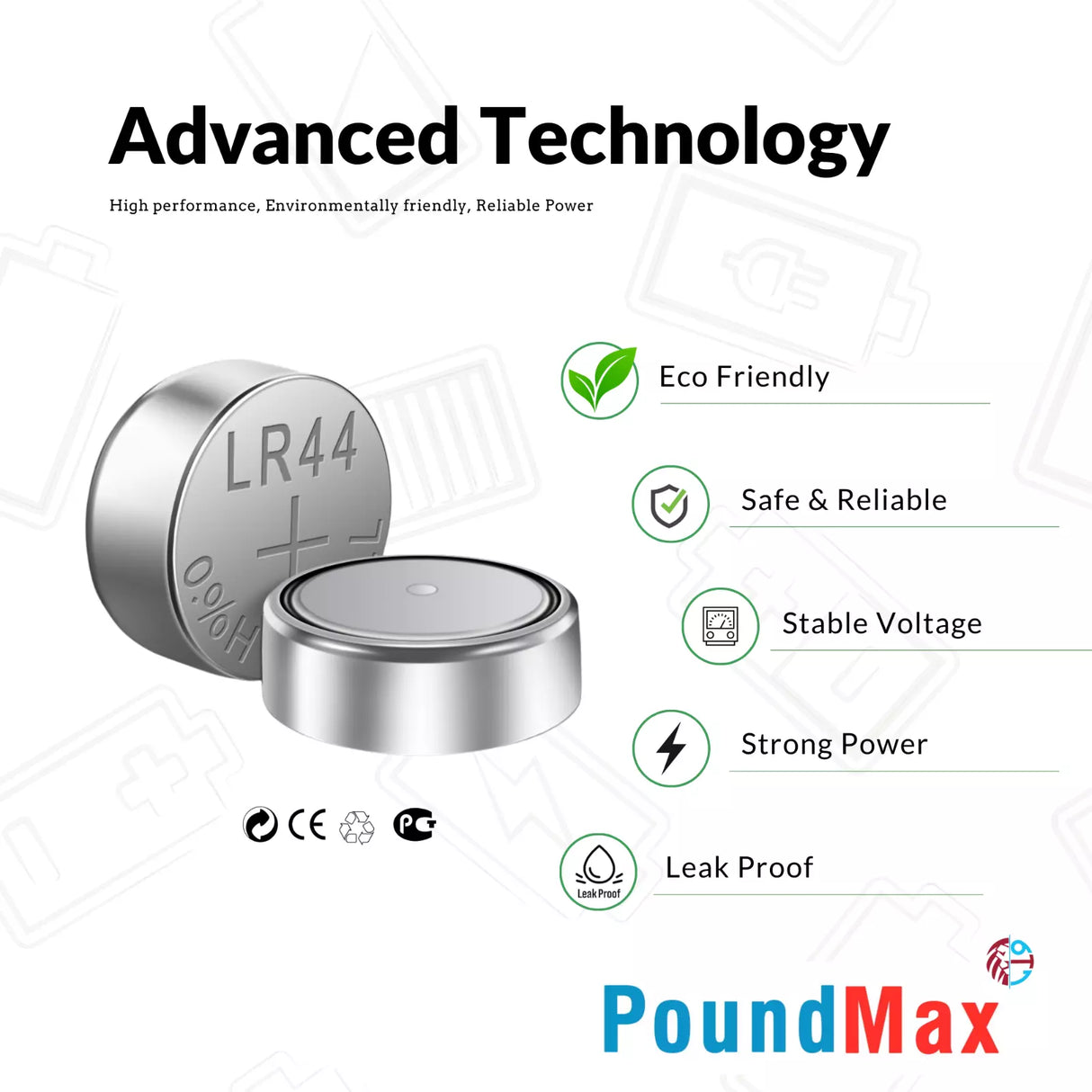 PoundMax AG13 LR44 Batteries 1.5v Alkaline Button Battery Combo Pack - 10 Count