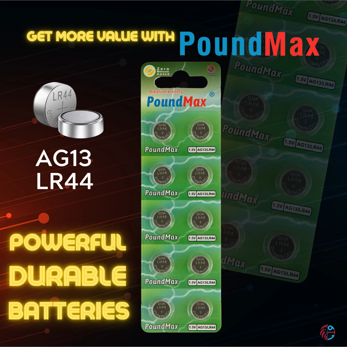 PoundMax AG13 LR44 Batteries 1.5v Alkaline Button Battery Combo Pack - 10 Count