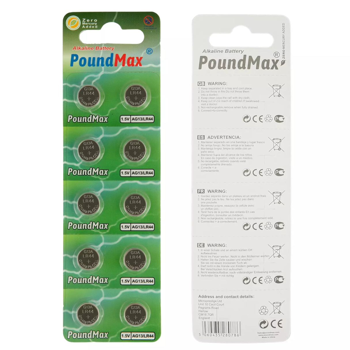 PoundMax AG13 LR44 Batteries 1.5v Alkaline Button Battery Combo Pack - 10 Count