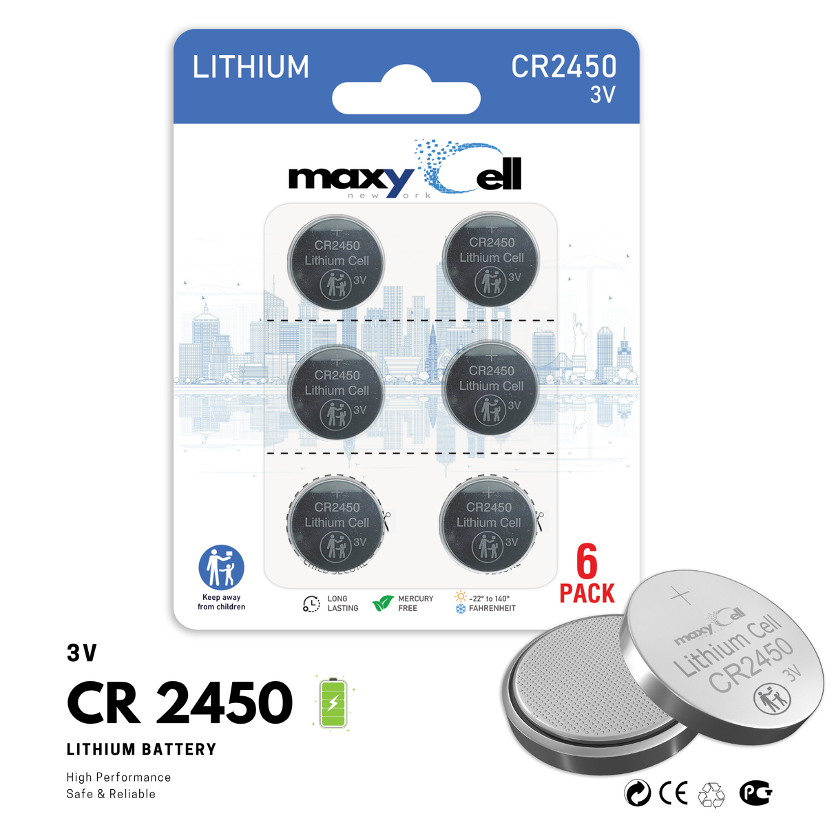 MaxyCell 2450 CR2450 Lithium Coin Cell Battery 3V High-Capacity Long-Lasting Reliable Power for Watches, Key Fobs, Fitness Trackers, Medical Devices, Thermometers, Leak-Proof Design DL2450
