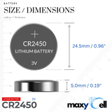 MaxyCell 2450 CR2450 Lithium Coin Cell Battery 3V High-Capacity Long-Lasting Reliable Power for Watches, Key Fobs, Fitness Trackers, Medical Devices, Thermometers, Leak-Proof Design DL2450
