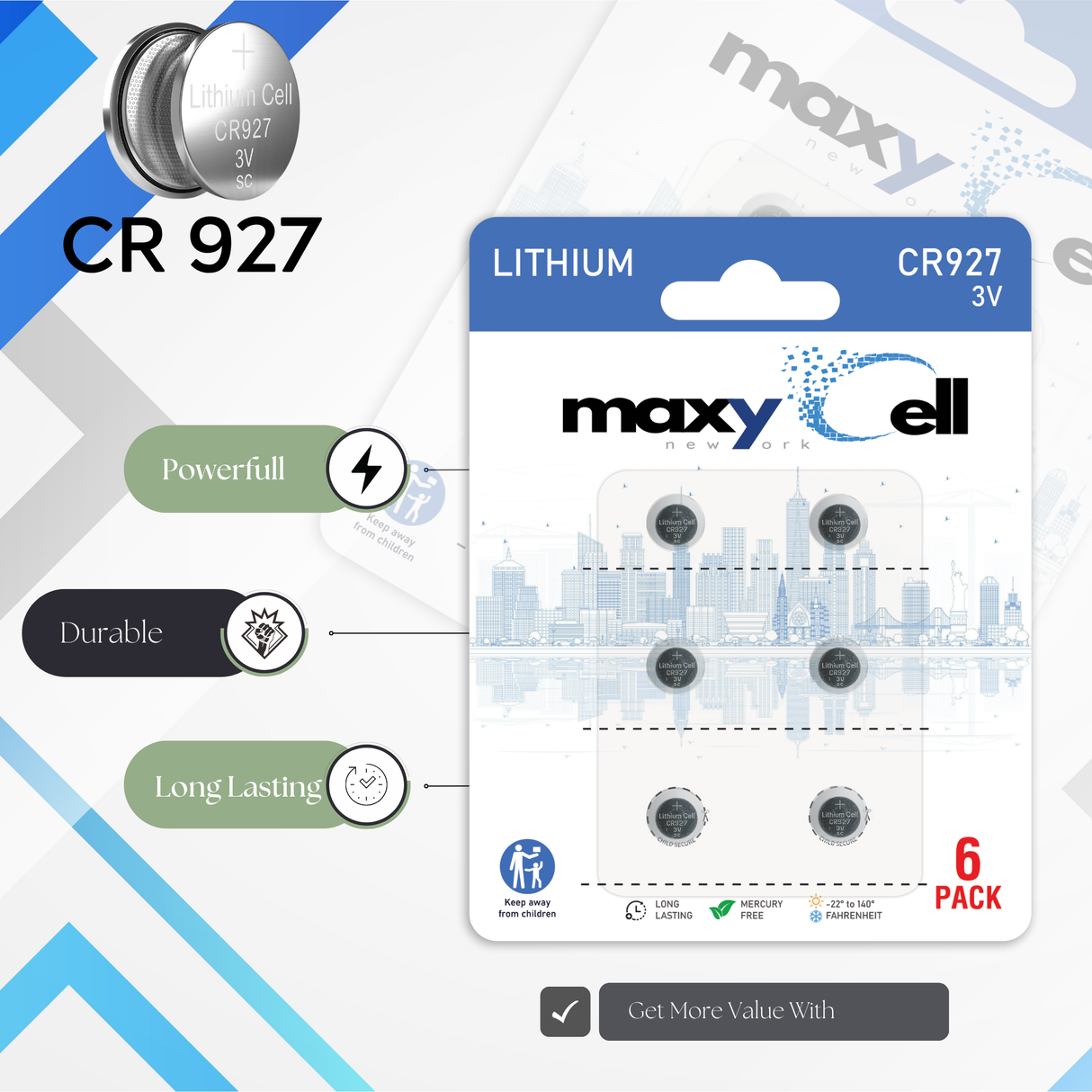 MaxyCell CR927 Lithium Coin Cell Battery 3V Long-Lasting Reliable Power for Watches, Key Fobs, Calculators, Thermometer - Leak-Proof Design, Long Shelf Life DL927 CX927 ECR927 GR927 BR927