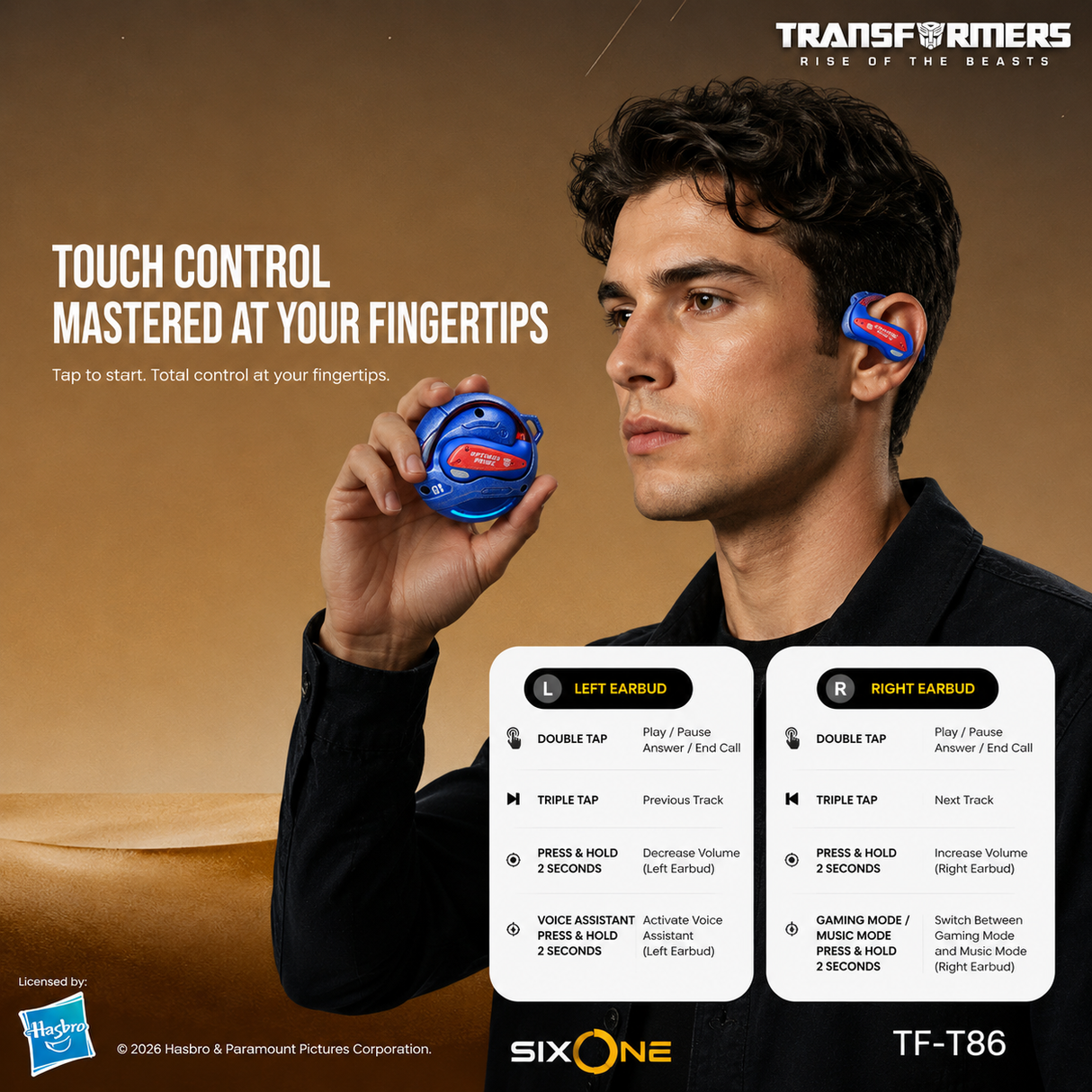 Transformers Flux T86 Ear-Hook Bluetooth Wireless Earbuds, Heavy-Duty Zinc Alloy Armor Charging Case, 14.2mm Hi-Fi Drivers, Built-in Mic