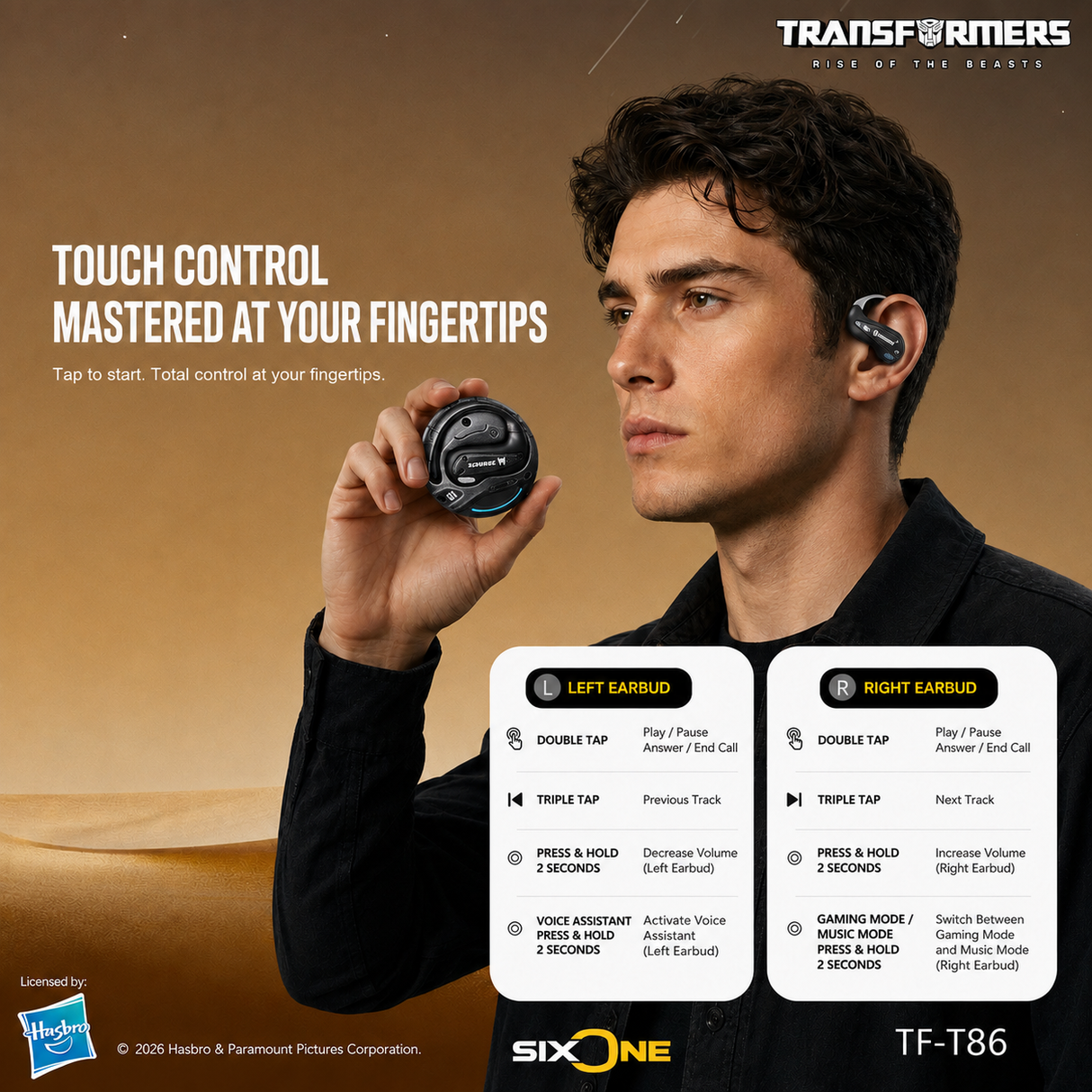 Transformers Flux T86 Ear-Hook Bluetooth Wireless Earbuds, Heavy-Duty Zinc Alloy Armor Charging Case, 14.2mm Hi-Fi Drivers, Built-in Mic