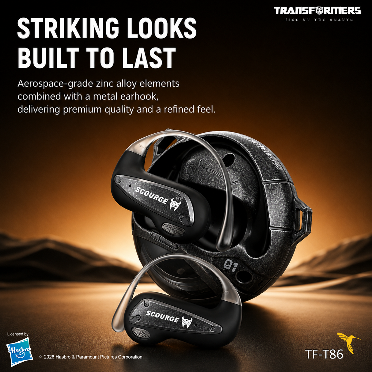 Transformers Flux T86 Ear-Hook Bluetooth Wireless Earbuds, Heavy-Duty Zinc Alloy Armor Charging Case, 14.2mm Hi-Fi Drivers, Built-in Mic