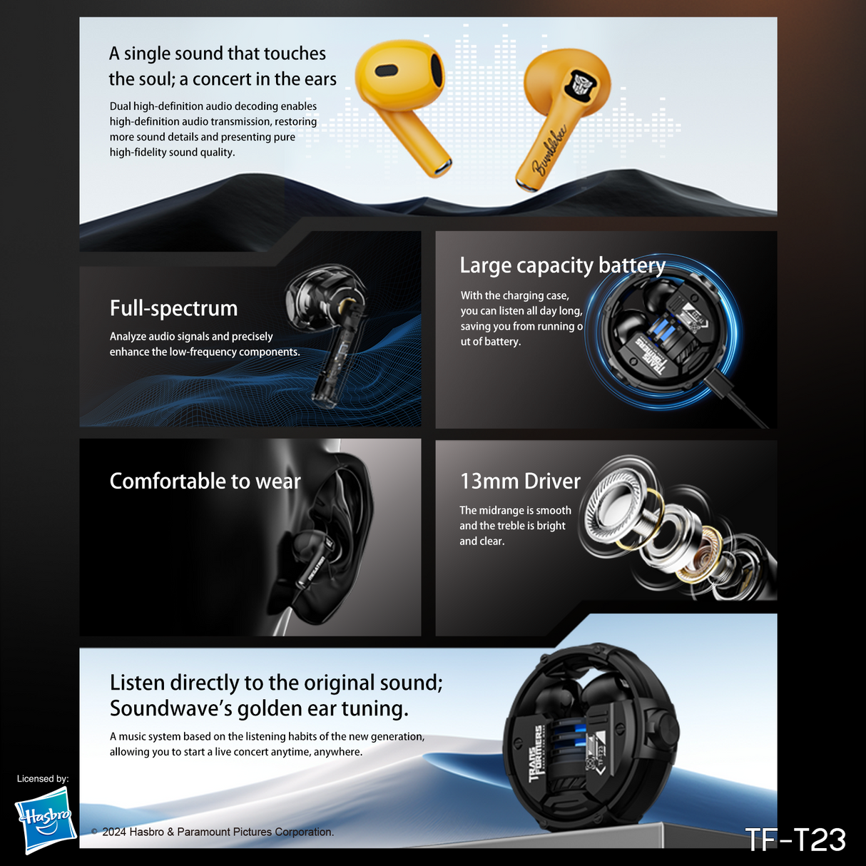 Transformers TF-T23 Wireless Bluetooth Earbuds - Premium Zinc Alloy Case RGB Breathing Lights, Gaming Mode, 13mm Loudspeaker, Deep Bass Sound, Long Battery Life, Type-C Fast Charge