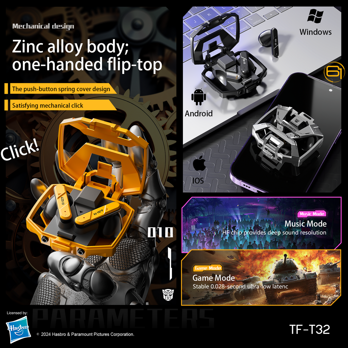 Transformers TF-T32 Wireless Bluetooth Earbuds - Zinc Alloy Case, Low-Latency Gaming & Music Modes, 13mm Loudspeaker, USB-C Fast Charging, Deep Bass Sound Long Battery 24H Playtime