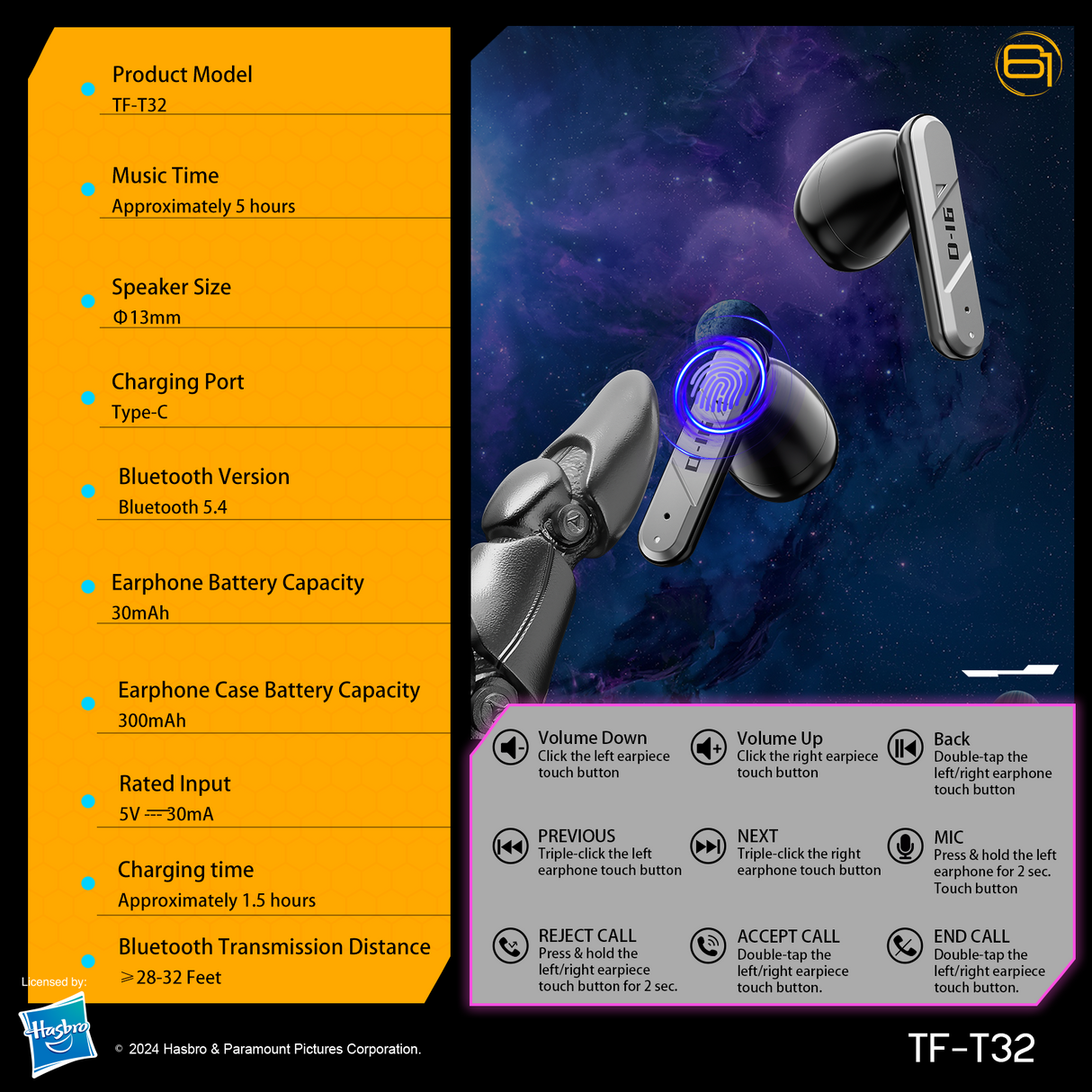 Transformers TF-T32 Wireless Bluetooth Earbuds - Zinc Alloy Case, Low-Latency Gaming & Music Modes, 13mm Loudspeaker, USB-C Fast Charging, Deep Bass Sound Long Battery 24H Playtime