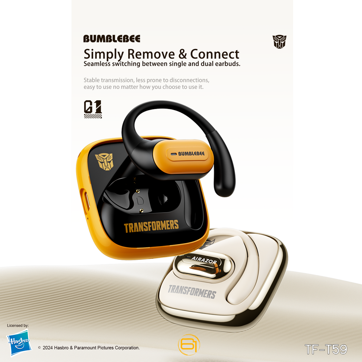 Transformers TF-T59 Ear-Hook True Wireless Bluetooth Earbuds with Mic, Low Latency Game/Music Modes, 13mm Drivers, Secure Fit Sport Headphones, IPX5 Waterproof Deep Bass Sound