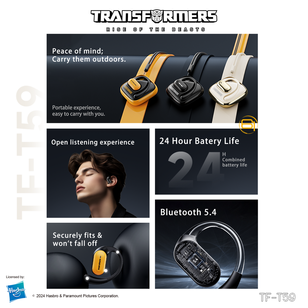 Transformers TF-T59 Ear-Hook True Wireless Bluetooth Earbuds with Mic, Low Latency Game/Music Modes, 13mm Drivers, Secure Fit Sport Headphones, IPX5 Waterproof Deep Bass Sound