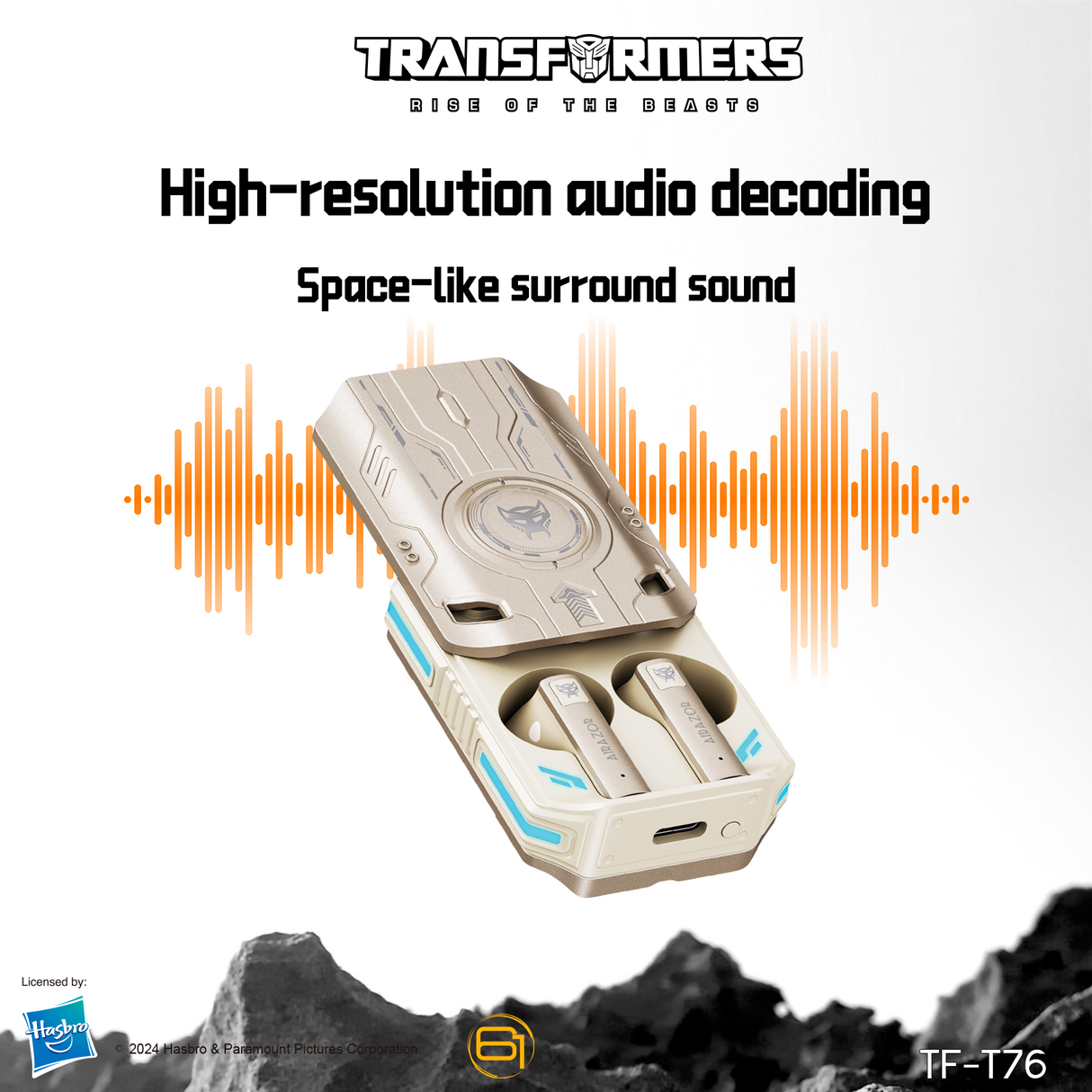 Transformers TF-T76 True Wireless Bluetooth 6.0 Earbuds with Mic, Mecha Zinc Alloy Armor Case, Low-Latency Game/Music Modes, Hi-Fi 13mm Drivers, HD Calling, 40H Total Playtime