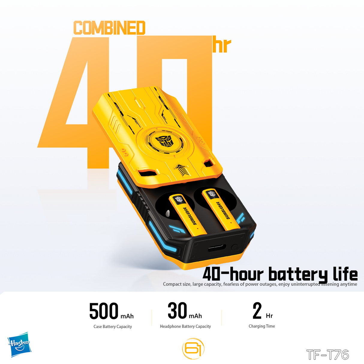 Transformers TF-T76 True Wireless Bluetooth 6.0 Earbuds with Mic, Mecha Zinc Alloy Armor Case, Low-Latency Game/Music Modes, Hi-Fi 13mm Drivers, HD Calling, 40H Total Playtime