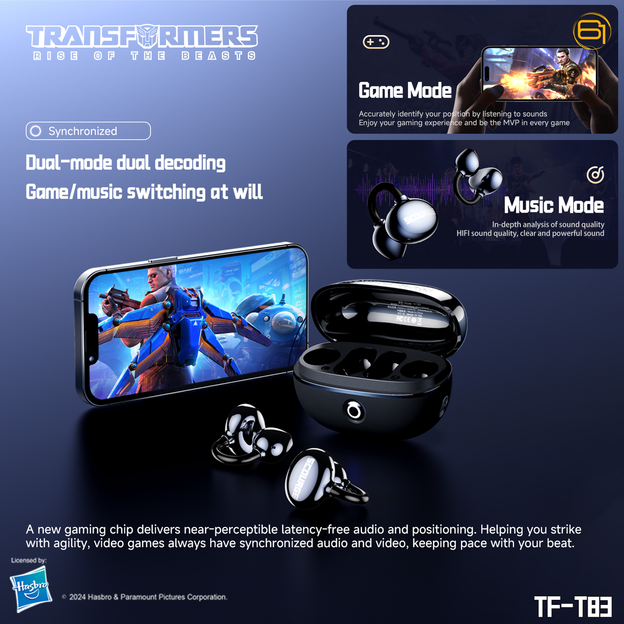 Transformers TF-T83 Clip-on Bluetooth 5.4 Wireless Earbuds, with Microphone for HD Voice Calls In-Ear Cool HiFi Calling Dual Modes Sports IPX5 Waterproof Long Endurance Earphones