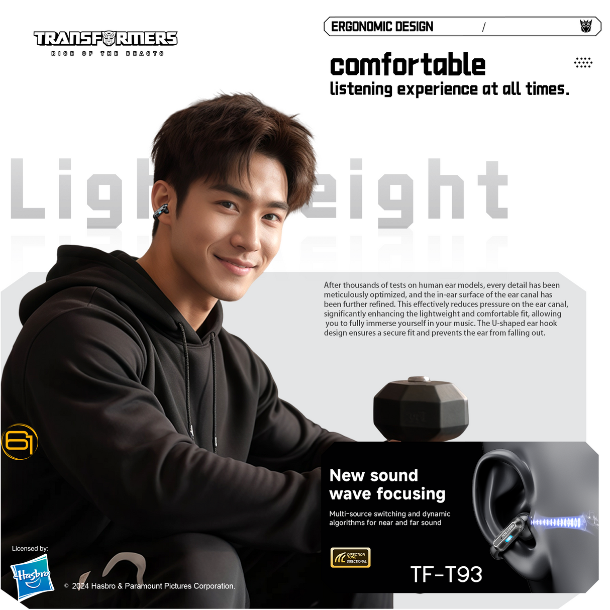 Transformers TF-T93 Ear-Clip True Wireless Bluetooth 6.0 Earbuds with Mic, Zinc Alloy Armor Case, Low Latency Game/Music Modes, Hi-Fi 12mm Drivers, Secure Fit Sports Earphones