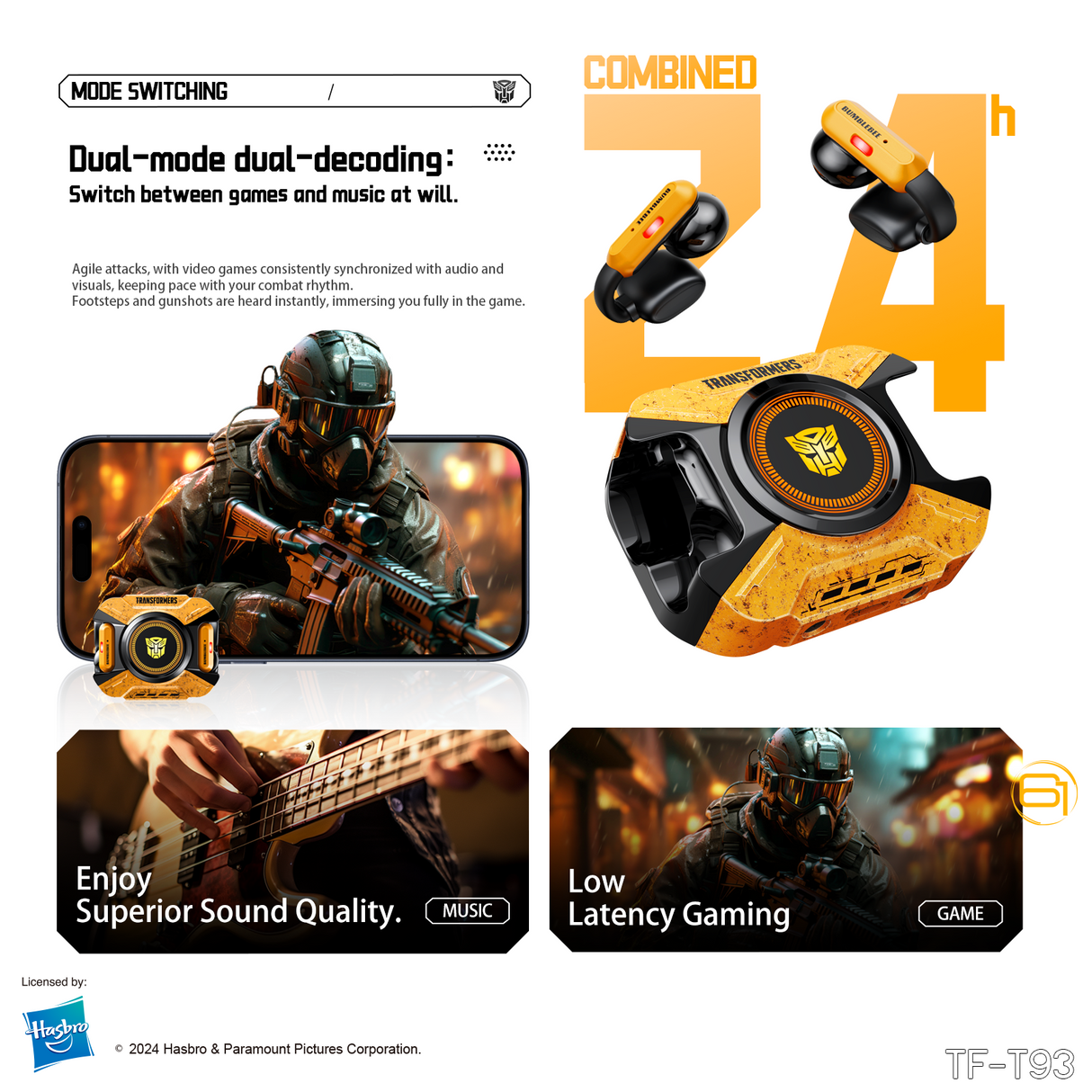 Transformers TF-T93 Ear-Clip True Wireless Bluetooth 6.0 Earbuds with Mic, Zinc Alloy Armor Case, Low Latency Game/Music Modes, Hi-Fi 12mm Drivers, Secure Fit Sports Earphones