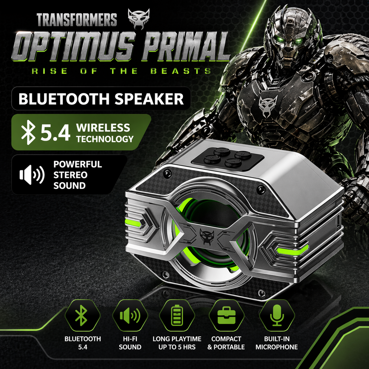 Transformers TF-Y03 CoreBlock Design Bluetooth TWS Speaker 5W Portable Wireless IPX5 Waterproof, 5H Playtime Deep Bass, Stereo Pairing, Built-in Mic, AUX/TF Card