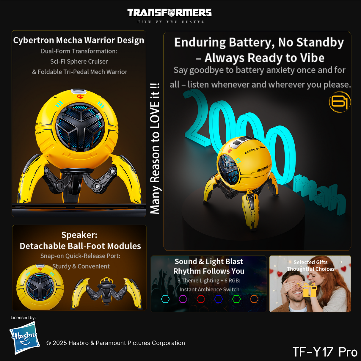 Transformers TF-Y17Pro Mecha Bluetooth TWS Speaker, 10W Hi-Fi 57mm Driver, Portable RGB Speaker with Detachable Foldable Tri-Pedal Stand, 2000mAh, Gaming Desk Décor Autobots