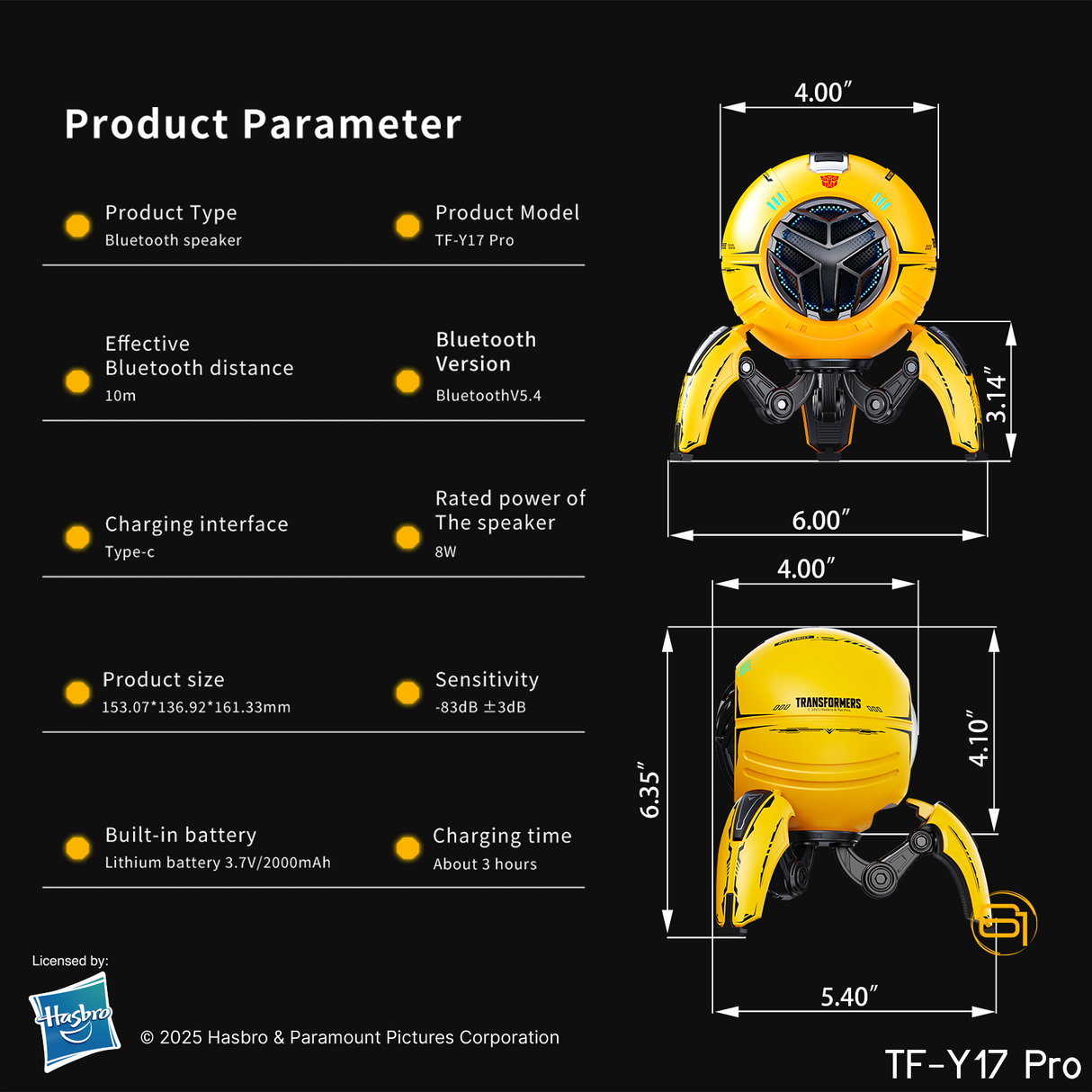 Transformers TF-Y17Pro Mecha Bluetooth TWS Speaker, 10W Hi-Fi 57mm Driver, Portable RGB Speaker with Detachable Foldable Tri-Pedal Stand, 2000mAh, Gaming Desk Décor Autobots